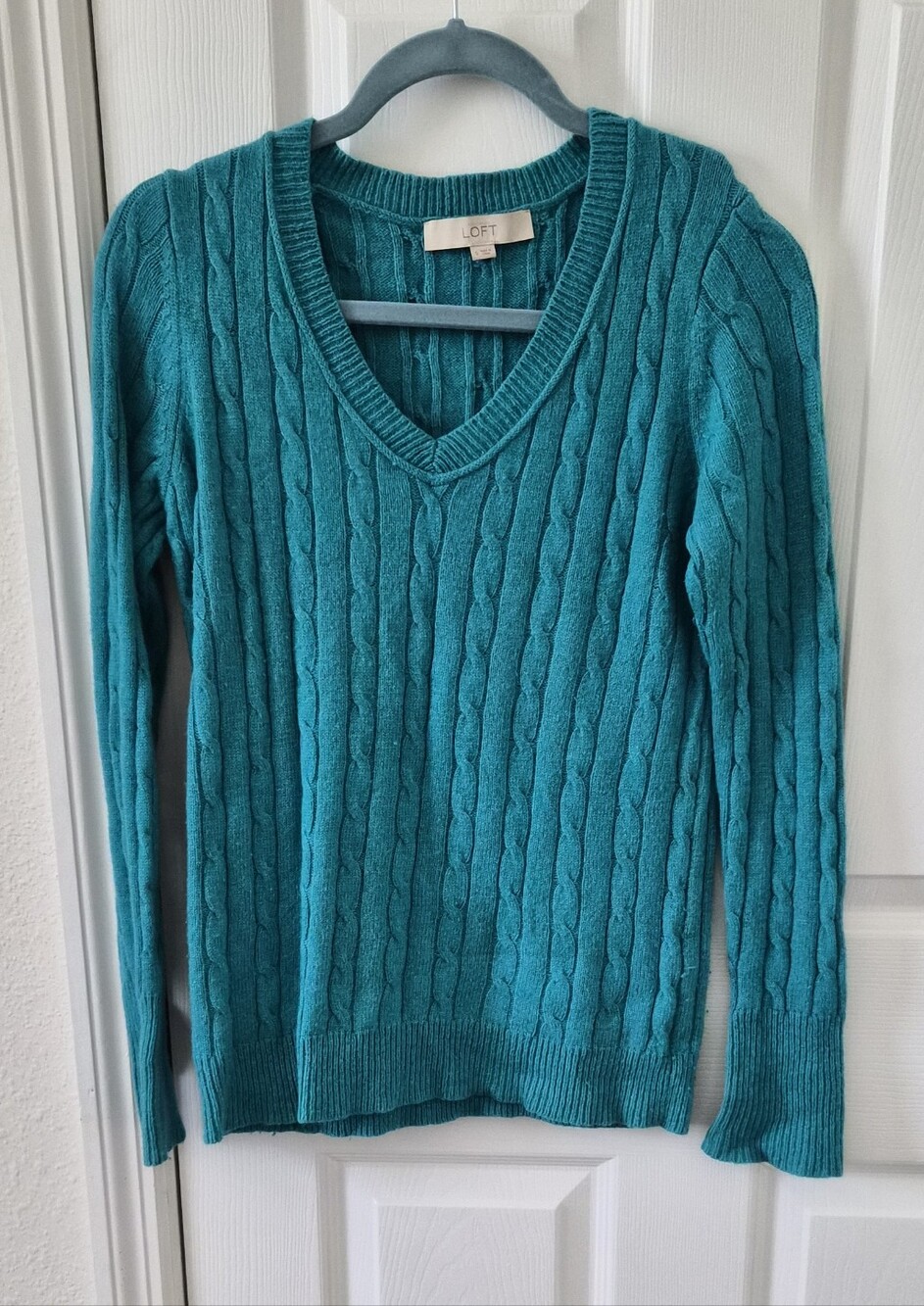 LOFT Teal Cable-Knit V-Neck Sweater